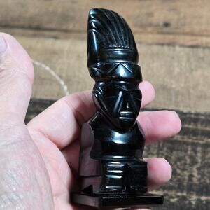 Vintage Mayan Aztec Black Onyx Obsidian Tiki Bar Sculpture